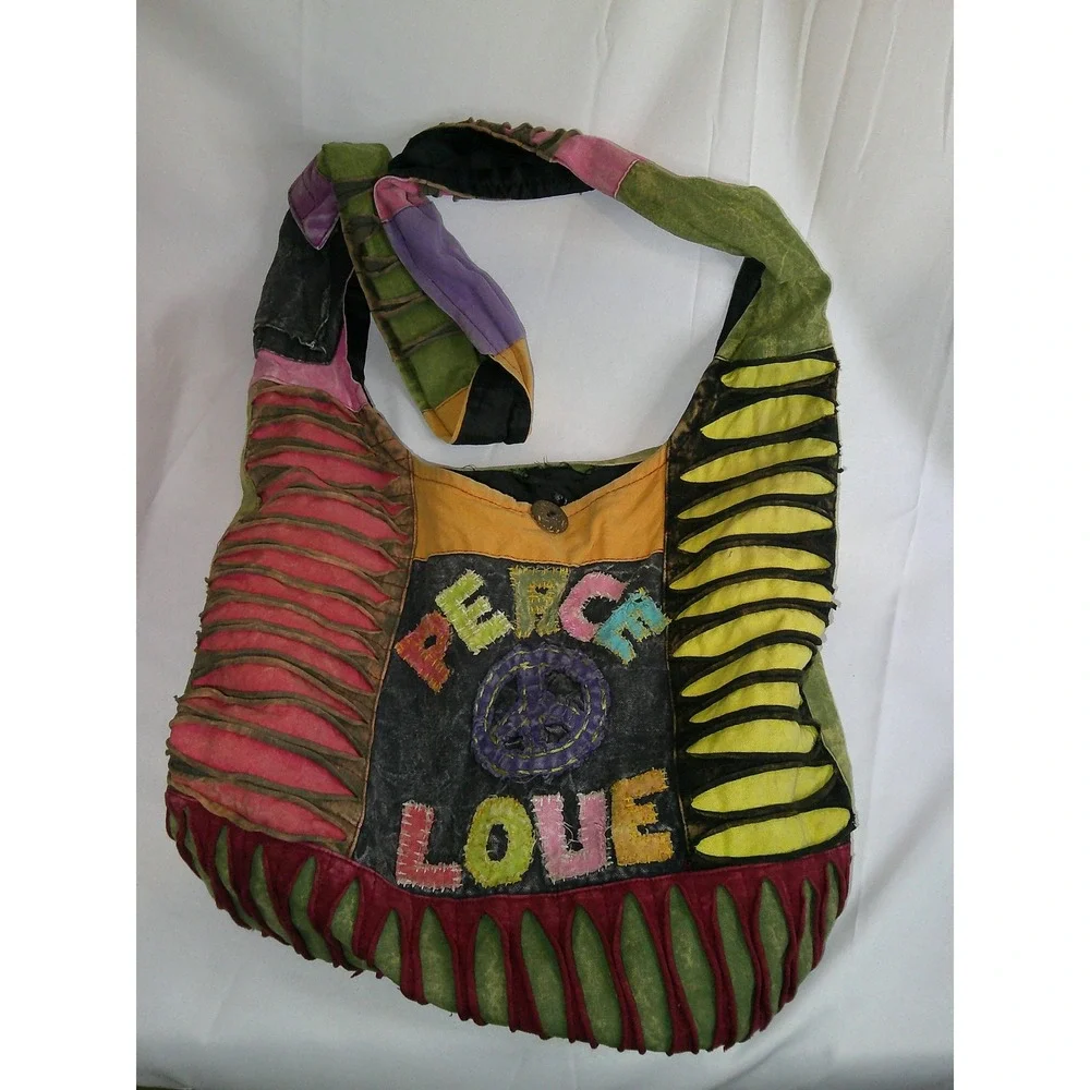 Peace Love Patchwork Hippie Boho Hobo Bag Purse Shoulder Bag Colorful